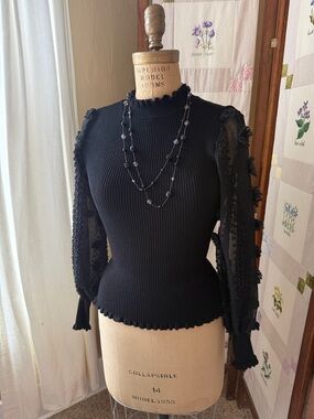 Almost Famous Black Puff Sleeve Top Sheer Textured Gothic Romantic + Necklace M